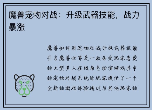 魔兽宠物对战：升级武器技能，战力暴涨